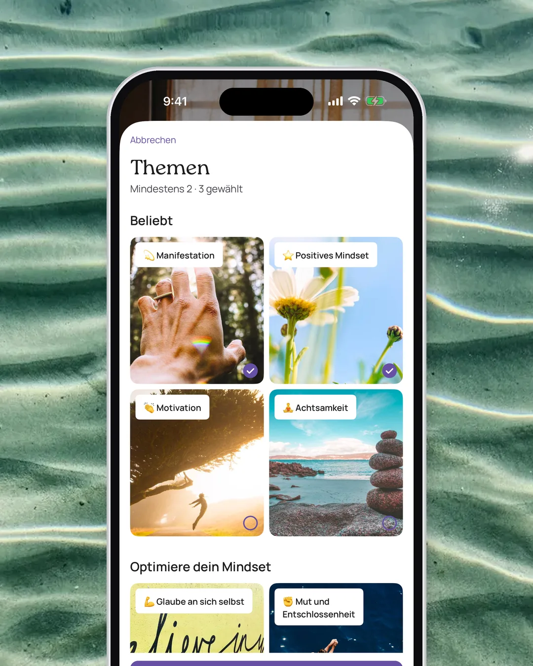 Die Themenauswahl für Affirmationen in der VISIYA-App mit Themen wie Manifestation, Positives Mindset, Motivation und Achtsamkeit