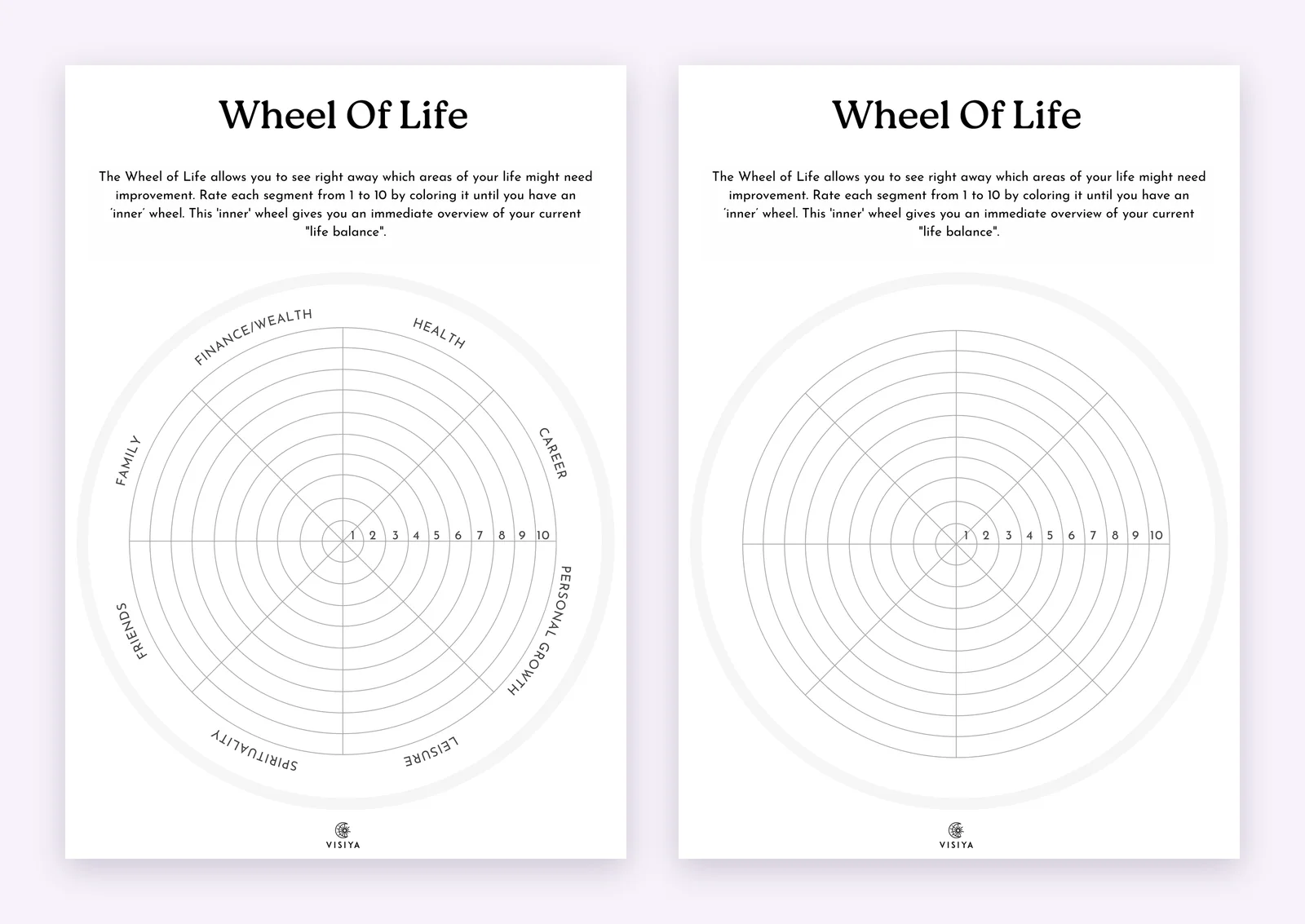VISIYA's two Wheel of Life templates side by side: the labeled wheel with eight areas from Health to Finance/Wealth on the left, the blank wheel on the right, both with rings from 1 to 10