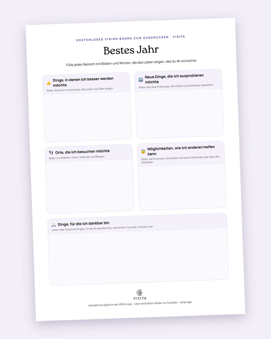Die Vorlage „Bestes Jahr“ als PDF zum Ausdrucken mit fünf Bereichen, von „Dinge, in denen ich besser werden möchte“ bis „Dinge, für die ich dankbar bin“