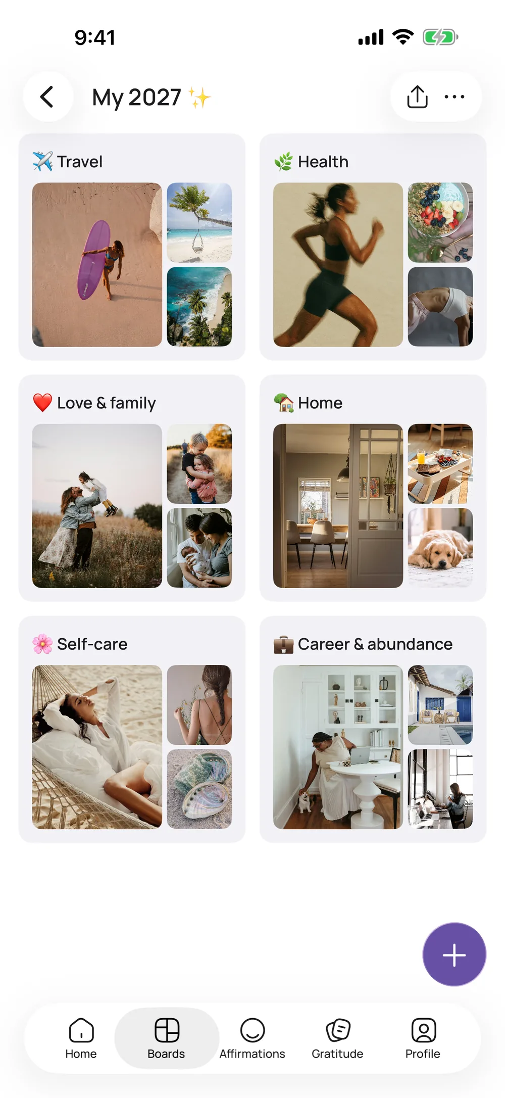 The vision board “My 2027” in VISIYA with six areas: Travel, Health, Love & family, Home, Self-care, Career & abundance