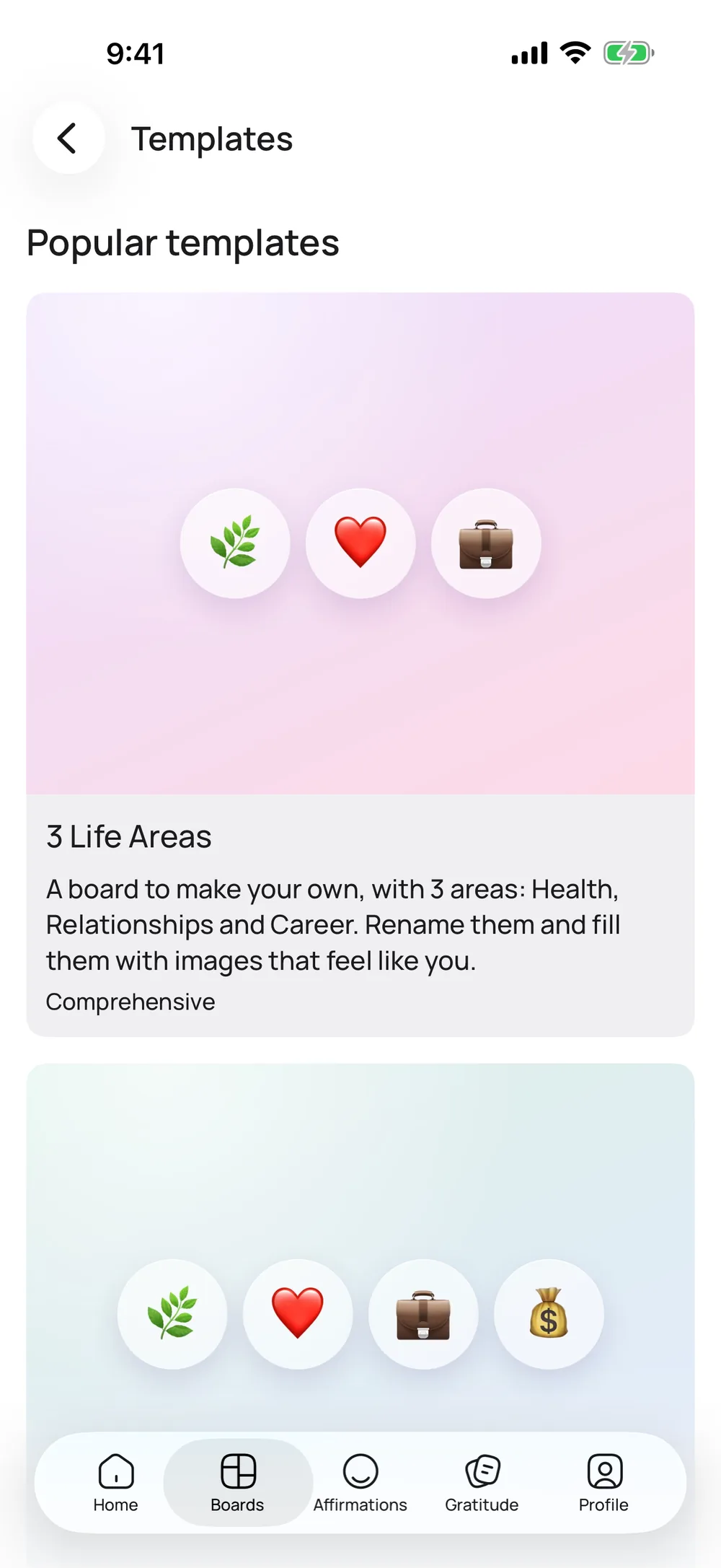Templates in VISIYA, with “3 Life Areas” for Health, Relationships and Career at the top